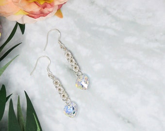 Crystal Heart Sterling Silver Earrings - Sterling Silver Rosetta Drop Earrings - Clear Crystal Heart Drop Earrings