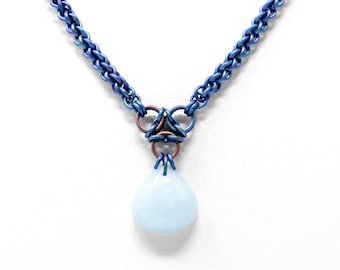 SALE! Was 215, Now 115! Aquamarine Titanium Chainmaille Spiral Necklace - Teal Spiral JPL3 Necklace Lightweight Elegant Jewelry