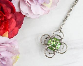 Morningstar Crystal Green Chainmaille Pendant - Stainless Steel Pendant - Crystals from Swarovski - Unique Blue Chainmaille Crystal Pendant