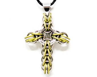 Celtic Cross Chainmaille Pendant - Stainless Steel and Titanium Pendant - Celtic Chainmaille - Stainless Steel Handcrafted Cross Necklace