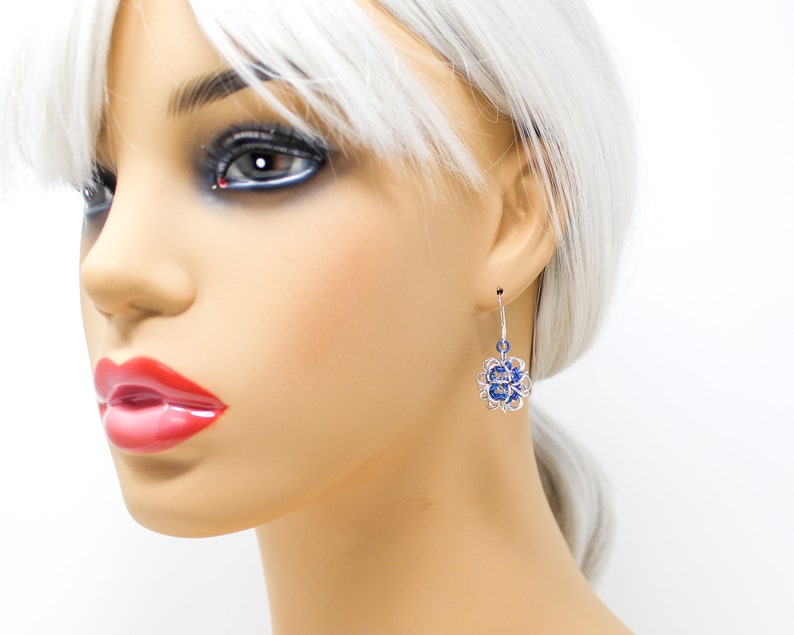 Japanese Ball Drop Earrings Mixed Metal Chainmaille Drop Earrings Blue Niobium Sterling Silver Earrings