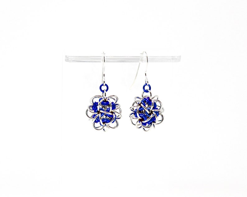 Japanese Ball Drop Earrings Mixed Metal Chainmaille Drop Earrings Blue Niobium Sterling Silver Earrings