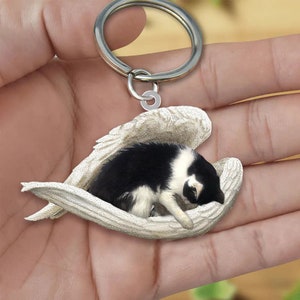 Black and white Cat Sleeping Angel Acrylic Keychain,