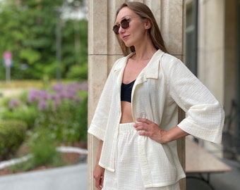 Gaze Sommer Strand Set - Lässige Creme Damen Sets - Baumwolle Zwei Stücke Sets - Langarm Shirt und Shorts - Boho Stil