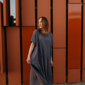 Softest Tee Dress in Gray Breathable Cotton T-Shirt Dress Wrap yourself Oversize One size Boho Maternity image 4