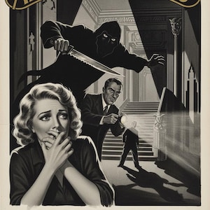 Puede incluir: Cartel de película vintage de "A Shriek in the Night" con una mujer aterrorizada, una figura amenazante con un cuchillo y hombres con linternas. El cartel es en blanco y negro con el logo de Allied Pictures.