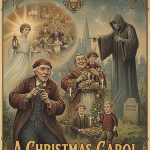 Puede incluir: Cartel vintage de "A Christmas Carol" con ilustraciones de personajes y escenas de la historia. El cartel incluye el texto "Edison Manufacturing Company Presents" y el título y el reparto de la película. La obra de arte tiene una paleta de colores cálidos con una estética clásica y antigua.