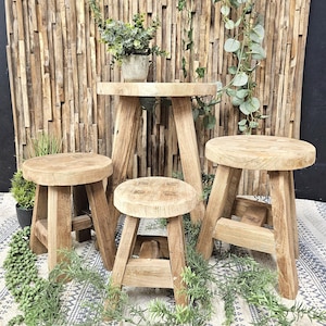 Handmade Rustic Teak Milkmaid Stool – Wooden Farmhouse Seat | Primitive Cottage Decor | Vintage Style Stool - 4 Sizes Available