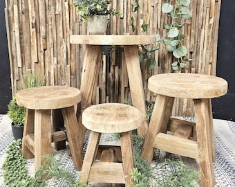 Handmade Rustic Teak Milkmaid Stool – Wooden Farmhouse Seat Primitive  Cottage Decor Vintage Style Stool Sizes Available - Main Image