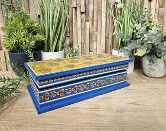 Hand Painted Mustard and Royal Blue Floral Jewellery / Trinket Box Hippy / Bohemian Style