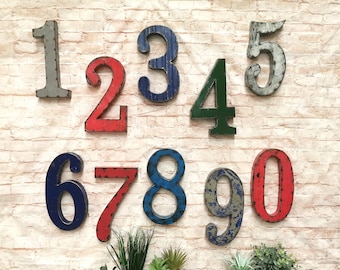 Numéros de maison barils d'huile de 0 à 9 - Numéros d'adresse en métal de récupération - Déco extérieure rustique industrielle - Plaque de maison recyclée