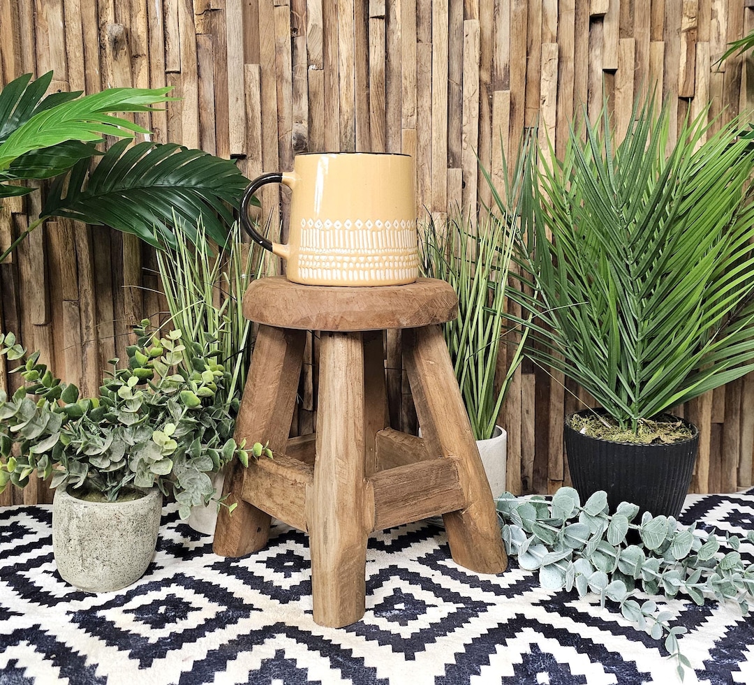 Handmade Round Teak Stool – Small Rustic Step Stool, Plant Stand ...