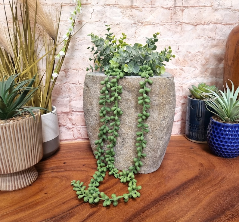 May include: A large, textured stone-colored planter filled with green leafy plants and trailing string-of-pearls succulents. Other potted plants are visible in the background, including a blue textured pot and a striped pot. The scene is set on a wooden surface.