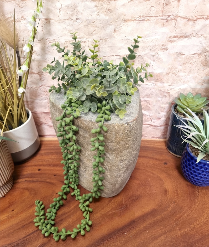 May include: A stone-like, gray-colored planter filled with green eucalyptus and string-of-pearls plants. The planter sits on a wooden surface, with other potted plants in the background. The overall theme is home decor and gardening.
