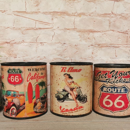 Vintage Route 66  / Vespa Print Recycled Can / Storage Tin / Planter