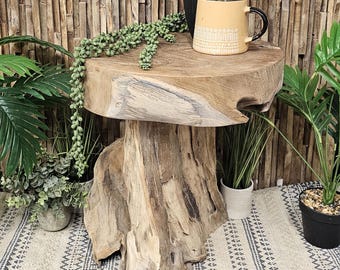 Solid Teak Root Side Table Stool – Natural Wood Accent Table Rustic  Handmade Furniture Boho Organic Decor