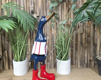 Décoration de canard en bois inspirée des super-héros Captain America - Costume peint à la main - 35 cm de haut - Cadeau fait main unique
