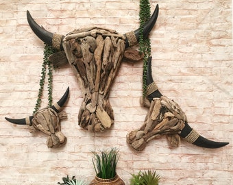 Handmade Driftwood Bull Head Wall Art – Small 27cm x 37cm – Rustic Natural Wooden Sculpture – Wall Mounted