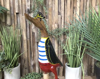 Hand-Carved Wooden Pirate Duck 35cm | Peg-Leg Duck Ornament with Pirate Hat | Handmade Wooden Figure | Nautical Pirate Home Decor