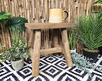 Antique Teak Stool – Handmade Rustic Step Stool, Vintage Wood Seat, Small Kitchen or Bathroom Stool
