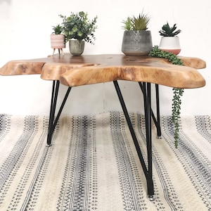 Pu&ograve; includere: Un tavolino da caff&egrave; in legno con un piano in legno vivo e gambe a forcina in metallo nero. Il tavolo &egrave; decorato con piante in vaso.