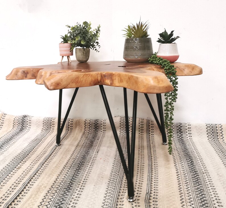 Pu&ograve; includere: Un tavolino da caff&egrave; in legno con un piano in legno vivo e gambe a forcina nere. Il tavolo &egrave; decorato con tre piante in vaso.