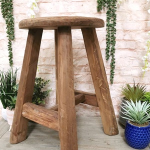Handmade Rustic Teak Milking Stool – Solid Round Wooden Stool – H 45cm – Unique Natural Farmhouse Décor
