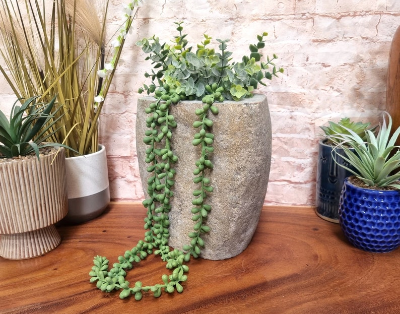 May include: A large, textured, stone-colored oval planter filled with green leafy plants and trailing string-of-pearls succulents. Other decorative planters with plants are in the background, including a ribbed planter and blue ceramic pots.