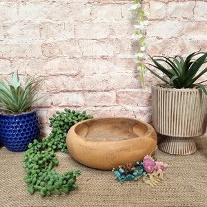 Peut inclure: Un bol en bois avec une finition naturelle pos&eacute; sur une surface en toile de jute. Le bol est entour&eacute; de succulentes vertes et de quelques fleurs roses et bleues. Il y a trois plantes en pot en arri&egrave;re-plan, une avec un pot bleu, une avec un pot blanc et une avec un pot rose.