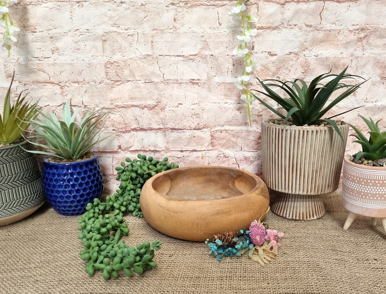Peut inclure: Un bol en bois avec une finition naturelle pos&eacute; sur une surface en toile de jute. Le bol est entour&eacute; de succulentes vertes et de quelques fleurs roses et bleues. Il y a trois plantes en pot en arri&egrave;re-plan, une avec un pot bleu, une avec un pot blanc et une avec un pot rose.