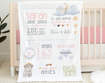 Birth Stats Baby Blanket, Push Present For Wife, Push Gift For New Mom, Birth Announcement, Nursery Bedding Decor, Newborn Baby Girl Boy