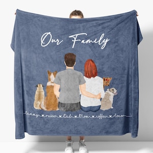 Aangepaste familieportret met huisdieren, gepersonaliseerde familieportret deken, kerstcadeaus voor moeder van dochter, warme comfortabele oma deken