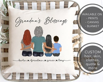 Personalized Grandma Gift, Gifts For Grandma From Grandkids, Cute Nana Cushion, Custom Portrait Family Illustration Pillow, Birthday Present