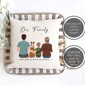 Personalized Gifts For Mom And Dad, Custom Family Portrait Illustration With Pets Throw Pillow, Our Family Pillow, Personalized Decor Ideas