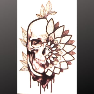Skull Temporary Tattoo, Fake Tattoo, Skull Flowers Tattoo, Mystical Tattoo, Black Tattoo, Party Favor