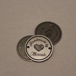 Product tags,personalized metal buttons for knitted and crocheted items,Custom metal buttons,labels for products,metal tags,Custom Tags