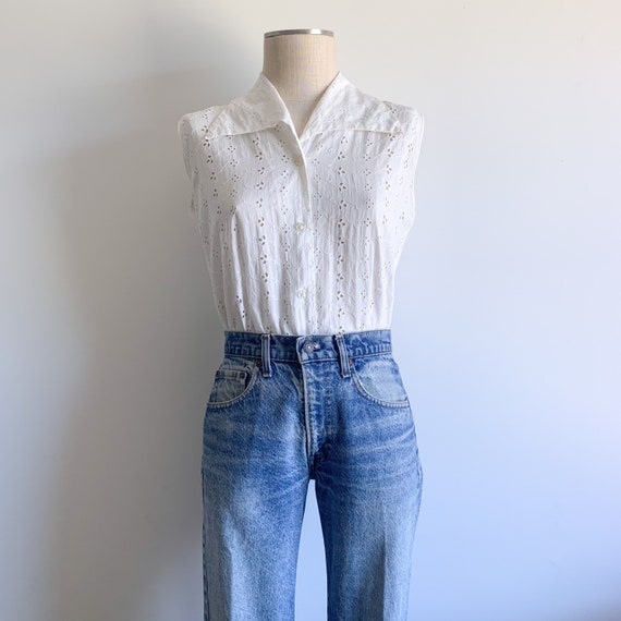 Vintage White Eyelet Lace Sleeveless Blouse