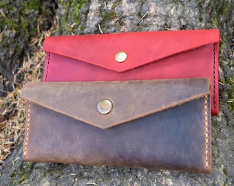 Leather Womens Wallet, Minimalist red purse, Brown Clutch, women long wallet, Distressed Leather