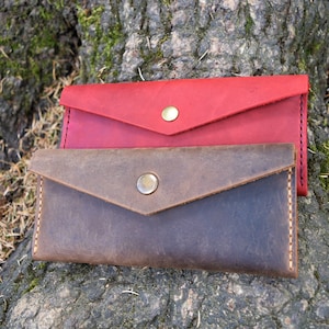 Cartera de mujer de cuero, bolso rojo minimalista, clutch marrón, cartera larga de mujer, cuero angustiado
