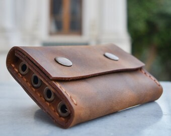 Full Grain Leather Thin Wallet: Minimalist Card Holder, Brass Snap