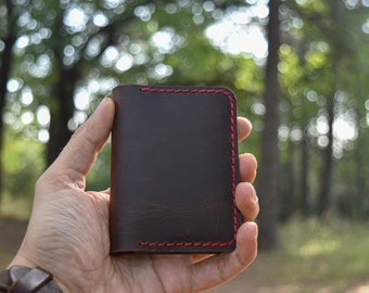 Portafoglio bifold in pelle marrone fatto a mano: portafoglio verticale sottile per carte