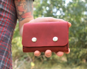 Handmade Claret Red Leather Wallet: Minimalist Coin Purse
