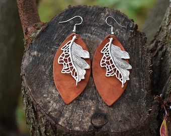 Leather Leaf Earrings, Boho Earrings,  leather jewelry, gift for her,  leather drop earrings, leather tear earrings