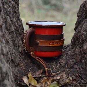 Personalized Red Enamel Camp Mug: Leather Wrap, Outdoor Coffee Cup