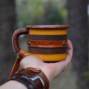 Personalized Enamel Mug, Leather Enamel Mug, Camping Mug,  Mug Gift, Travel Mug, Forest Mug, Outdoor mug,  Mountain Mug