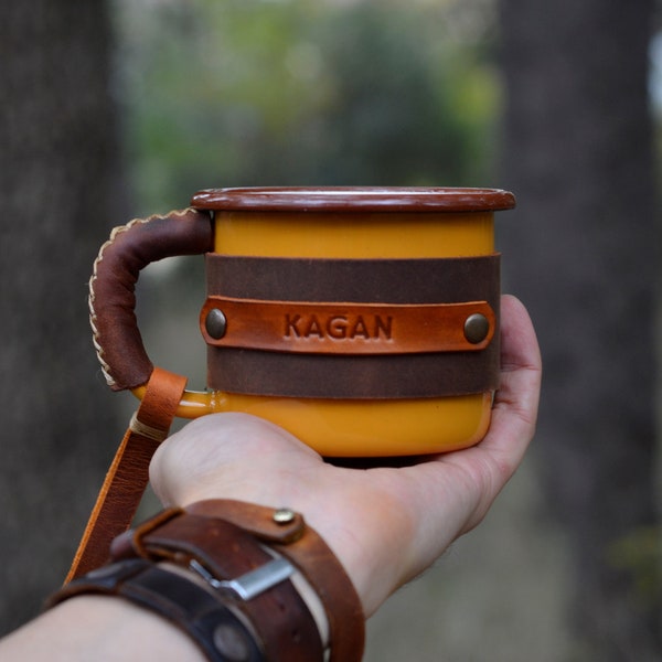 Mug en émail personnalisé, Mug en cuir émaillé, Mug de camping, Mug cadeau, Mug de voyage, Mug forêt, Mug extérieur, Mug montagne