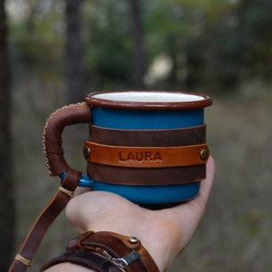 Personalized Blue Enamel Camp Mug with Leather Sleeve