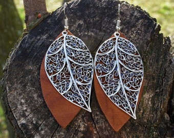 Leather Leaf Earrings, Leather jewelry, gift for her, leather drop earrings, leather tear earrings, Festival earrings, Boho Earrings,