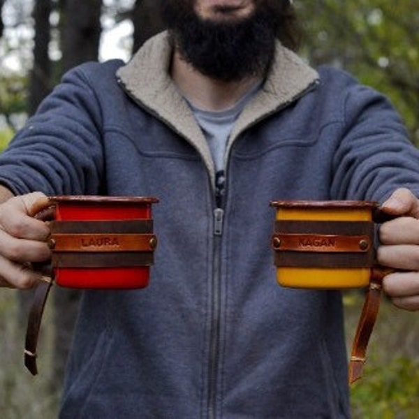 Personalized Coffee Mug, Leather Enamel Mug, Camping Mug,  Christmas Gift, Travel Mug, Forest Mug, Outdoor mug,  Mountain Mug