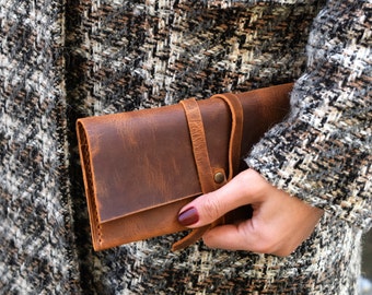 Portafoglio in pelle fatto a mano per donna: borsa in pelle pieno fiore